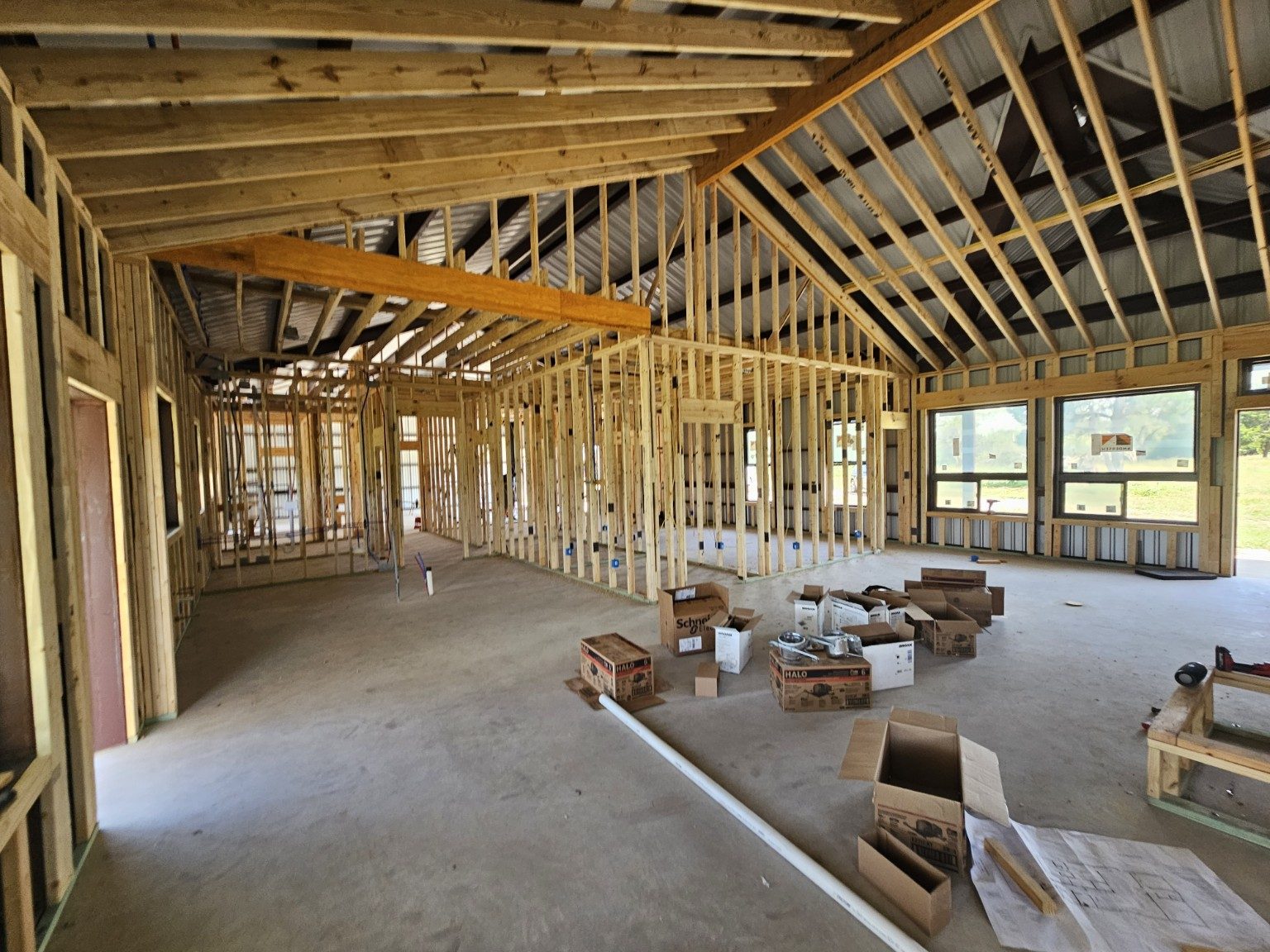 Wood framed interior walls and vaulted ceiling under construction